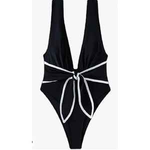 Hilinker One Piece Swimsuit Wm's S Black White Tie Bow Deep V Neck Tummy Control